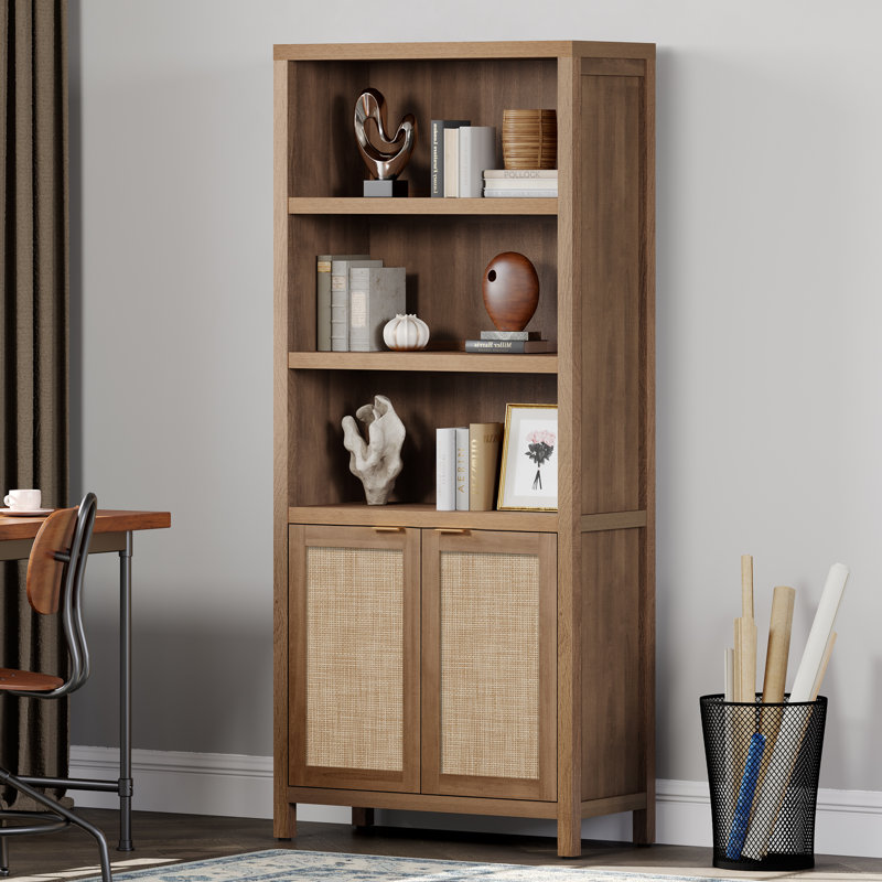 Marliee 70.9'' H Bohemian - Inspired Rattan Bookcase with Storage Cabinet and Adjustable Shelves, Brown, 1