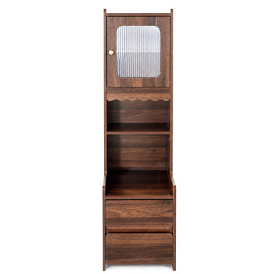 Table de chevet haute de style moderne du milieu du siècle avec porte vitrée, étagères ouvertes et 2 tiroirs, en noyer, pour chambre ou salon.