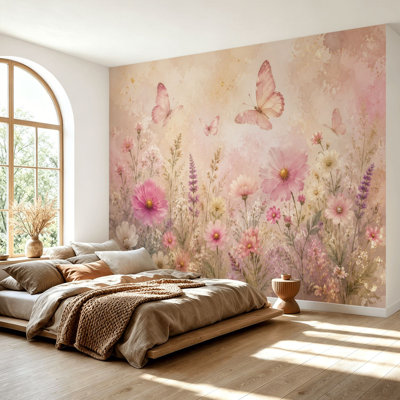 Papier peint adhésif peler et coller délicat champ floral rose papillons doux style aquarelle autocollant amovible papier contact mural pour salon chambre à coucher H 69 po x l 96 po