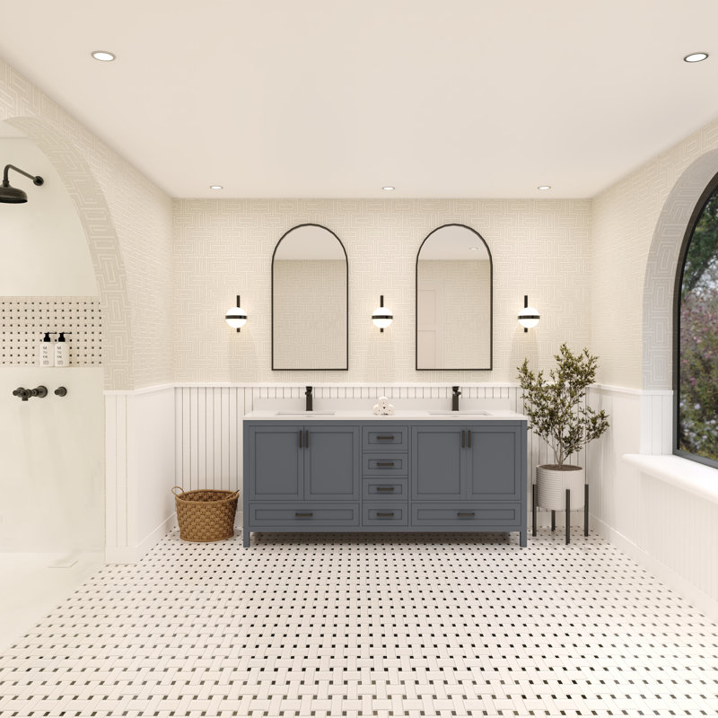 Rooh 72'' Double Bathroom Vanity with White Quartz Top, Matte Black, Grey