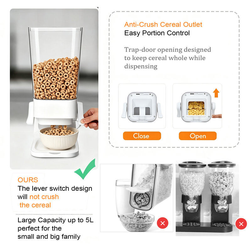 Lot de 2 distributeurs à céréales de 5,5 litres à poser, ensemble de rangement hermétique pour aliments secs comprenant 4 bols, 4 cuillères et 2 boîtes à ustensiles pour la cuisine et le garde-manger, blanc
