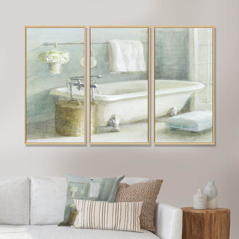 «Pastel Bath I», ensemble d'art mural sur toile encadré traditionnel de 3, Brun, H 20 po x l 36 po x P 1 po