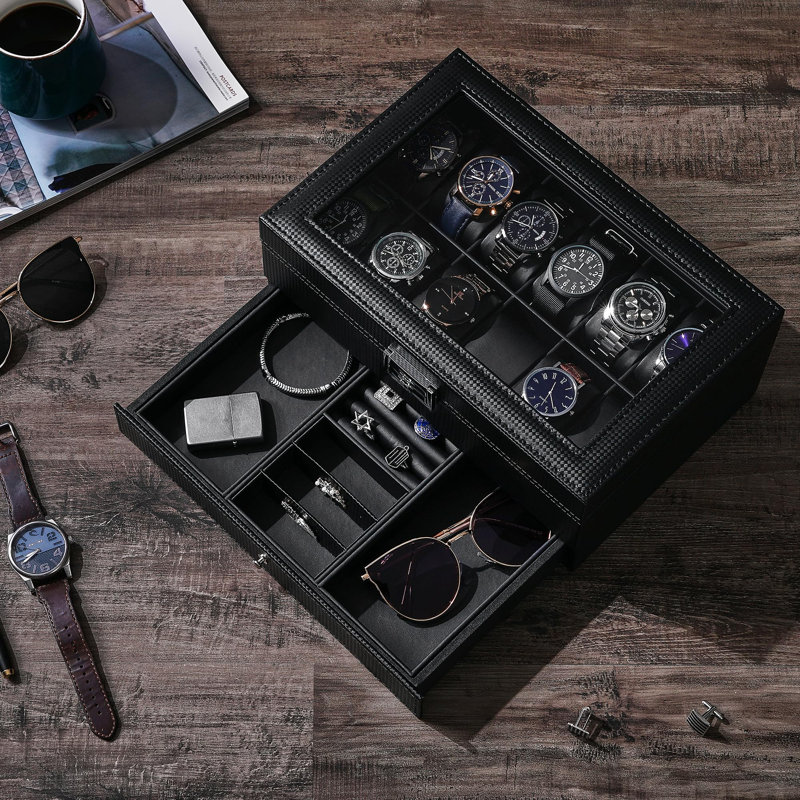 Watch Box Organizer 12 Slot Watch Case With Valet Drawer, Mens Watch Display Cases For Men