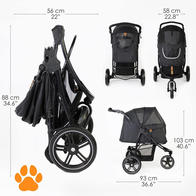 Coquille robuste pour chien et animal de compagnie COOPER, support pour pliage facile, poignée réglable au toucher à plusieurs hauteurs, détails réfléchissants, inserts en filet, sorties à fermeture à glissière, panier de rangement en dessous