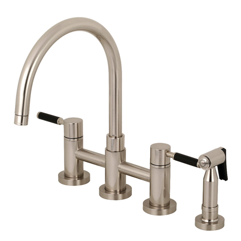 Kingston Brass Kaiser Two-Handle 4-Hole Deck Mount Bridge Kitchen Faucet with Brass Side Sprayer, Brushed Nickel