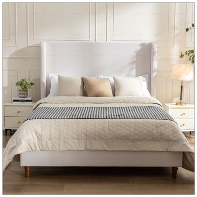 Hayden Upholstered Wingback King Bed, Textured Ivory Canvas, Elegant Simplicity, and Easy Assembly