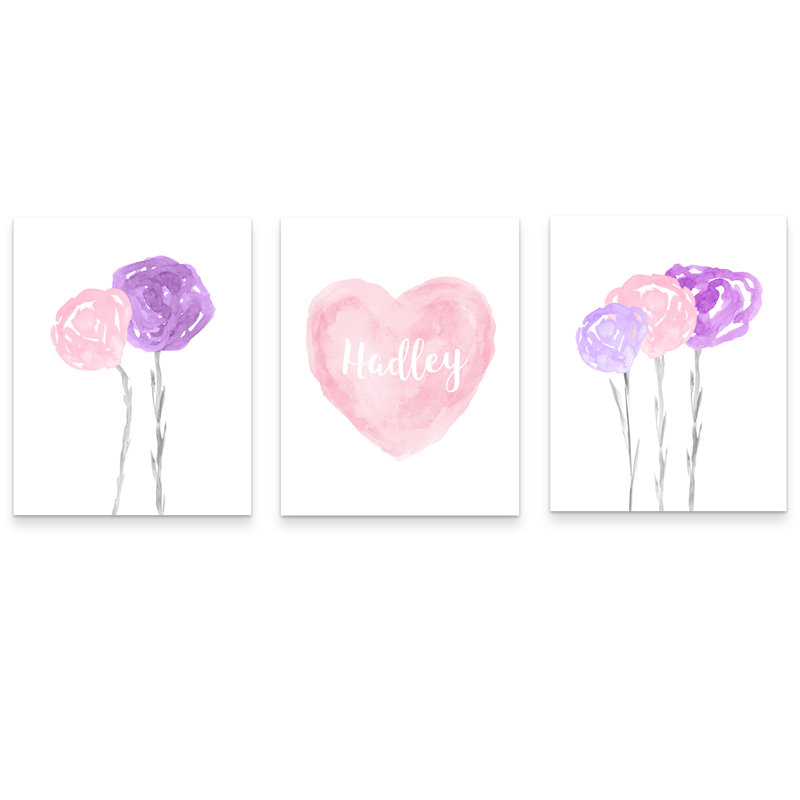 Fleurs pastel avec cœur aquarelle, impressions sur papier, H 14 po x l 11 po, Rose