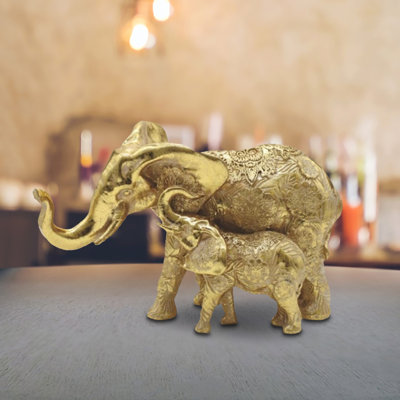 7.5"W Gold Thai Elephant with Baby Figurine