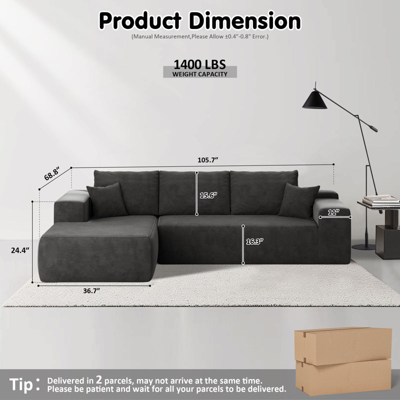 Canapé modulaire Nathasa 2 pièces sans assemblage avec compression, canapé désossé à revêtement libre avec méridienne en L, canapé modulaire à assise profonde pour le salon et la chambre à coucher