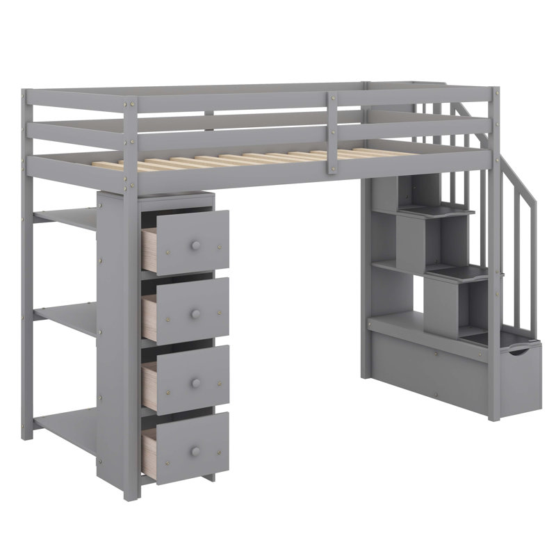 Structure de lit mezzanine simple en bois avec quatre tiroirs et tablettes de rangement, Gris