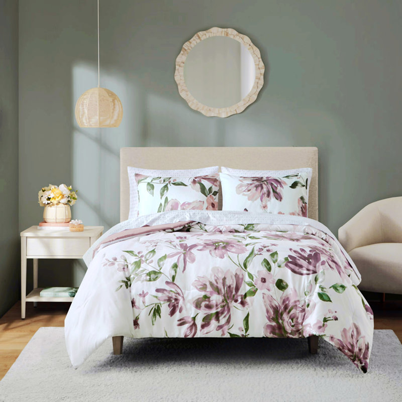 Polyester Comforter, Mauve Floral, Twin Comforter + 2 Pillowcases