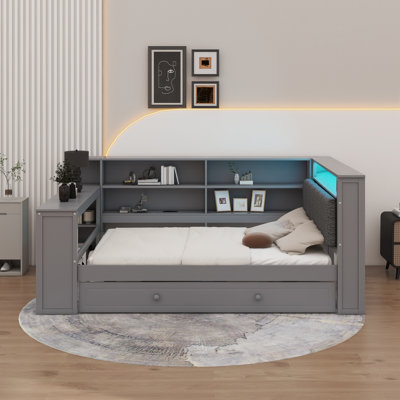 Daybed With Full-Size Bed, Wooden Platform Featuring Desk And Trundle, Storage Shelves, Leds, And Upholstered Headboard