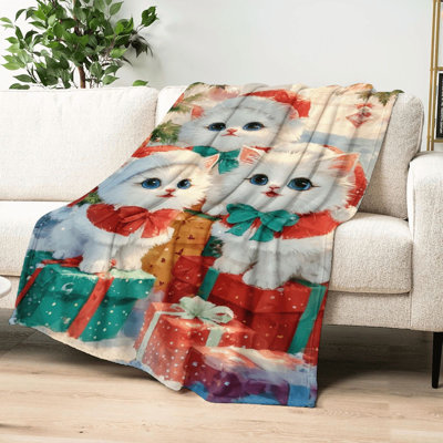 Couverture en flanelle imprimée HD Chats Noël, douce et chaude (24 g/m²), idéale en toutes saisons pour canapé, lit, salon, fauteuil, voyage et camping (127 x 102 cm). Un sac fourre-tout en toile avec un chat et un chapeau de Noël vous est offert.
