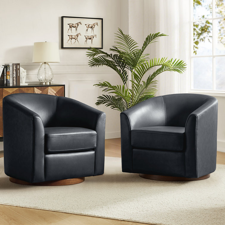 Amiir Modern 30.5'' Wide Genuine Leather Swivel Barrel Chair with Solid Wood Base (Set of 2)