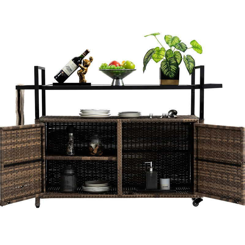 Chariot de rangement pour boissons roulant au bord de la piscine - avec plateau en verre brun pour bar extérieur polyvalent et 360 roues