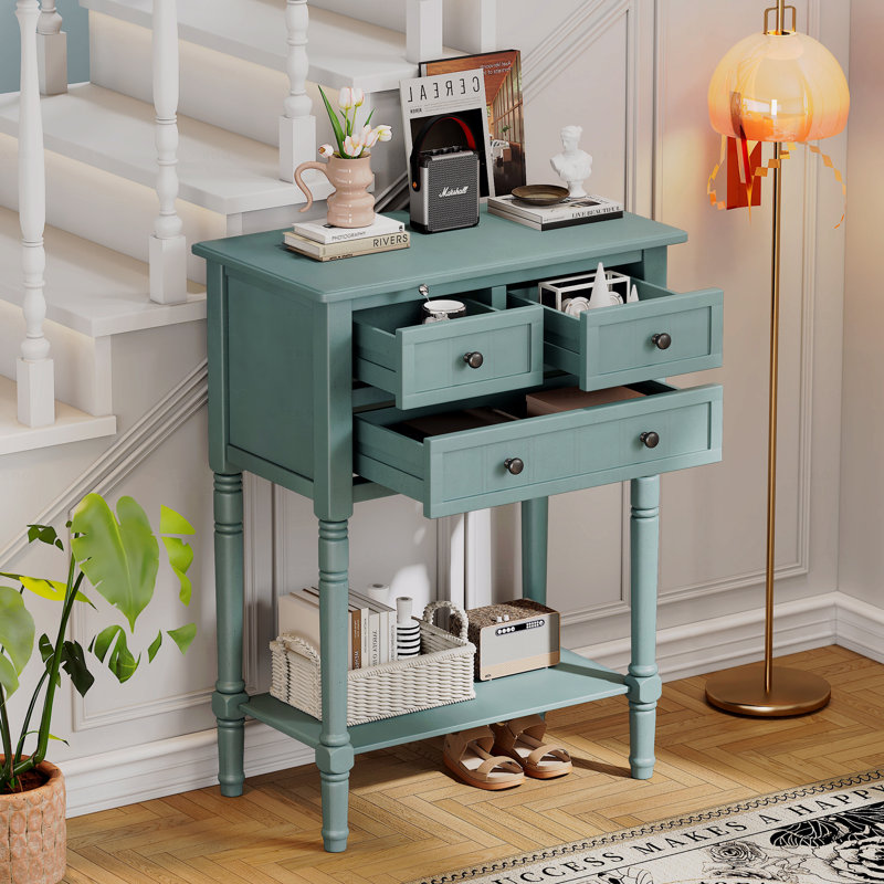 Console étroite, canapé mince avec trois tiroirs de rangement et tablette inférieure, Menthe
