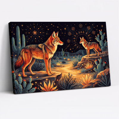 Coyotes dans un ciel nocturne désertique avec des étoiles scintillantes et des cactus - Tableau sur toile