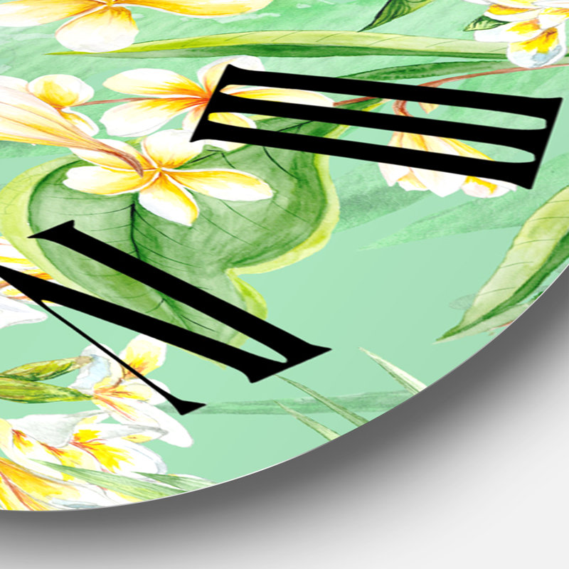 Horloge murale traditionnelle feuillage tropical, fleurs jaunes avec flamant V, Grand