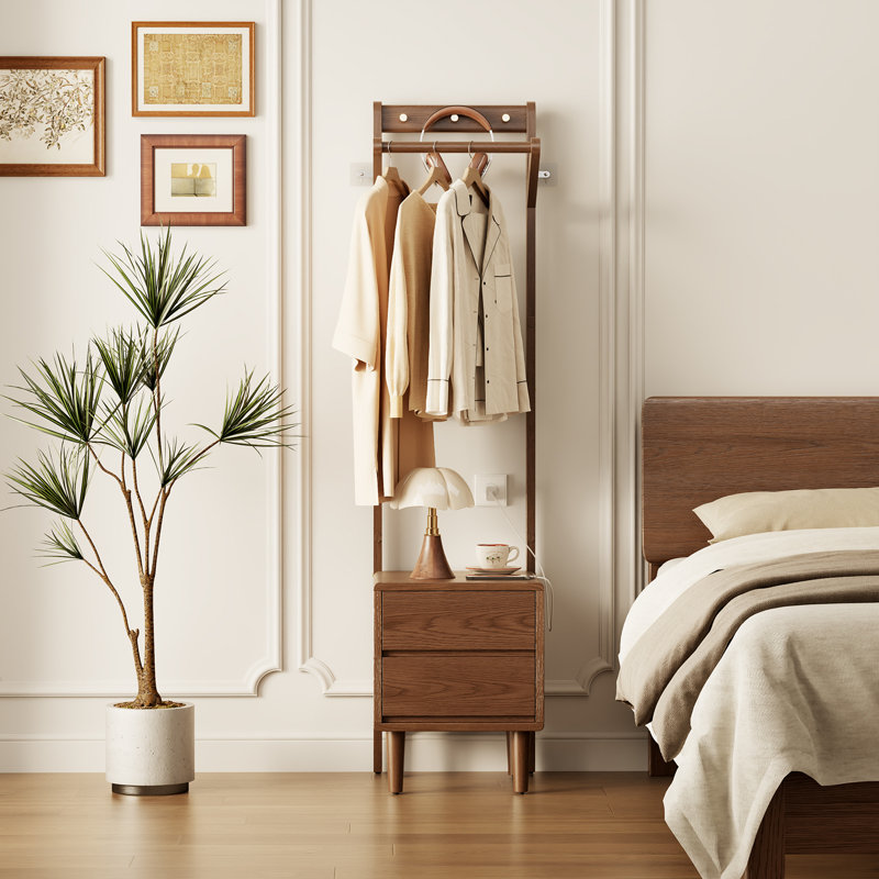Table de chevet multifonctionnelle en bois massif 3-en-1 Casmir: portemanteau tout-en-un, tringle à vêtements et armoire de rangement