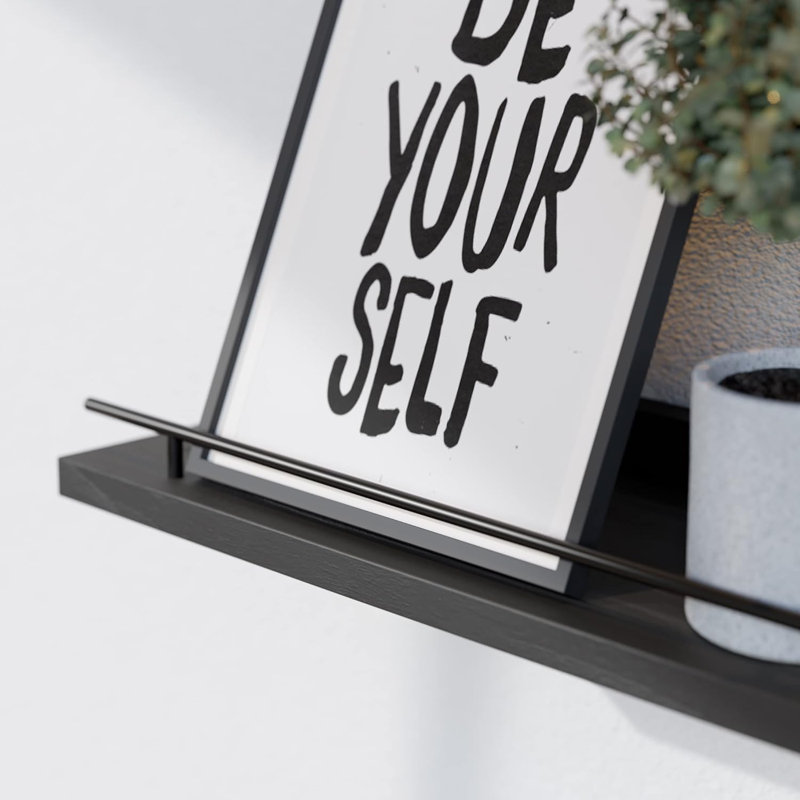 Floating Shelves With Black Metal Guardrail, Shelves For Wall Decor Set Of 3, Wall Shelves For Bedroom, Bathroom, Kitchen, Living Room, Plants, Picture Frames, Art- Black