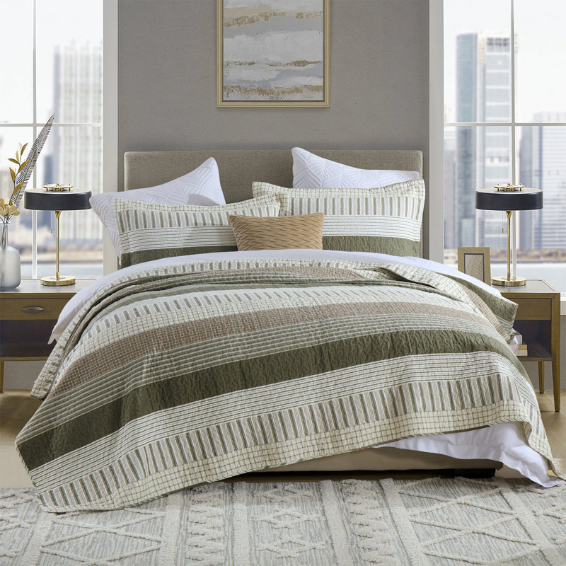 Ensemble de courtepointe 100% coton DUHOONG, Vert / Brun / Crème, Courtepointe très grand et 2 très grandes taies 