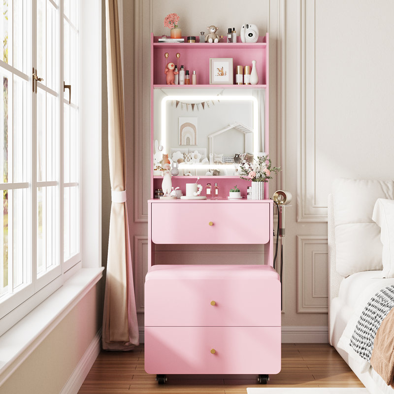 Small Vanity Desk Set With 3 Adjustable Lighted Mirror, Pink