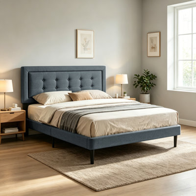 Structure de lit double tapissier gris foncé avec tête de lit capitonnée en bois massif pour la chambre à coucher