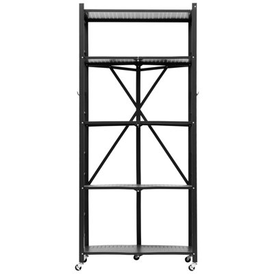 Tablette de rangement pliante noire à 5 niveaux avec roulettes, installation rapide et sans effort, rotation à 360 °, 2 tablettes à chaque étape pour 190 lb, peu encombrante pour les petits espaces