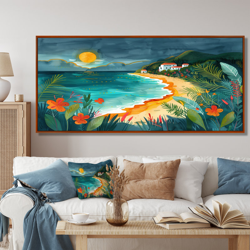 Orange, bord de mer, plage verte au Mexique I - salon d'art mural de plage, Cadre flottant brun, H 28 po x l 60 po