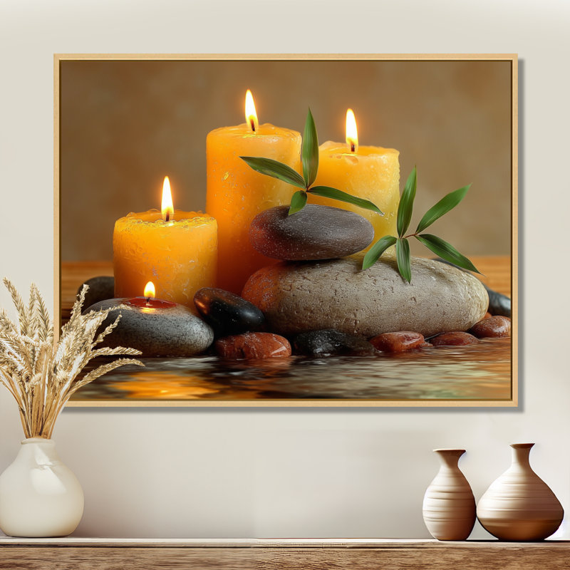 «Relaxation Candles And Bamboo», art sur toile en bambou, art mural gris asiatique, Cadre flottant, H 16 po x l 32 po, Crème
