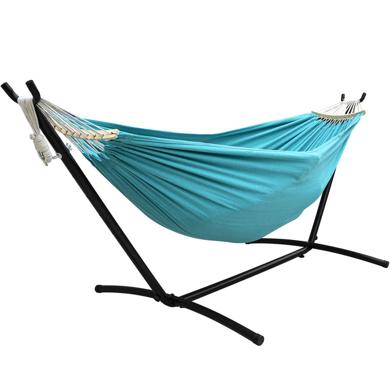 Double hamac avec support en acier d'une capacité de 450 lb, sac de transport de qualité supérieure inclus et deux poutres d'équilibre anti-roulis, bleu ciel