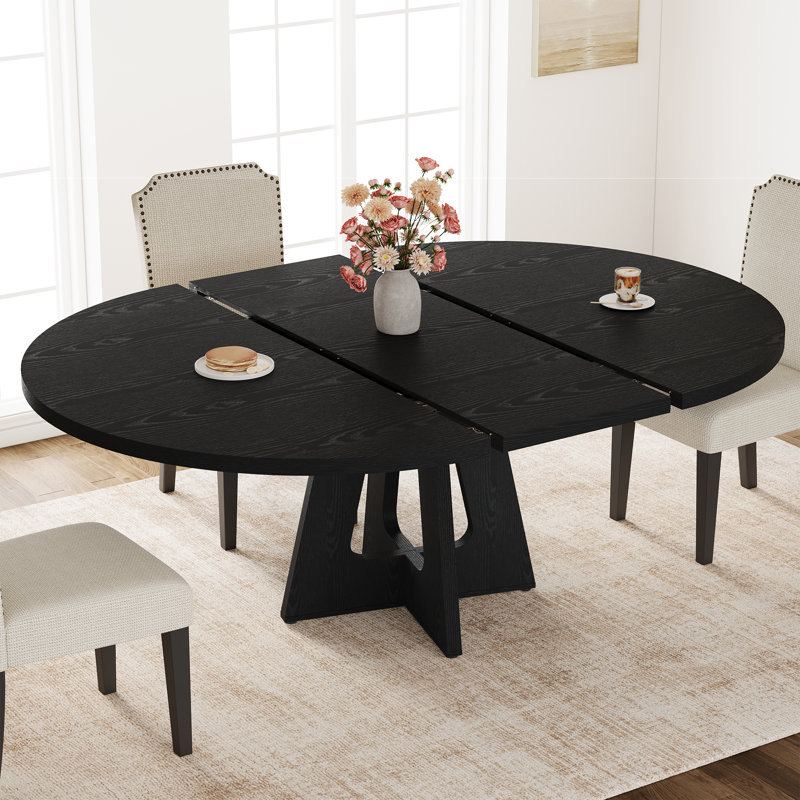 Table de salle à manger ronde extensible peu encombrante pour 4 à 8 personnes - Plateau de table moderne en panneau de fibres à densité moyenne avec structure en métal durable - réglable, multifonctionnelle, compacte - pour la cuisine, la salle à manger ou le salon - noir estampé