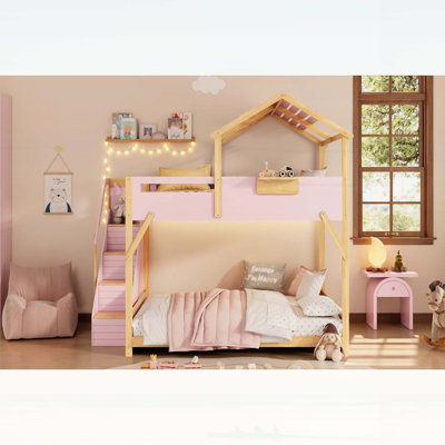 Lit superposé double au dessus d'un lit double avec escalier et lumières à DEL 3 couleurs, design fantaisiste et rangement