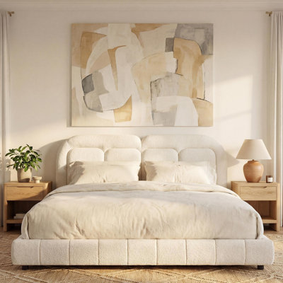 King Size Boucle Upholstered Platform Bed with Tufted Headboard.Noise-Free, 800lbs Support, Durable & Easy to Clean,White
