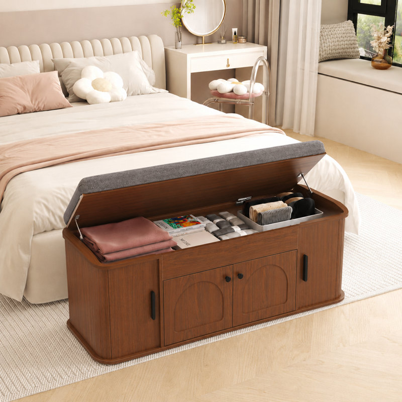 Banc de rangement de 41,3 po de large avec coussins pour le vestibule avec compartiment relevable et armoire à chaussures à 4 portes
