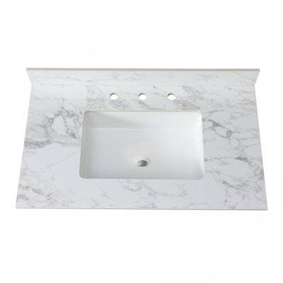 37"X22"Bathroom Vanity Top,Sintered Stone Carra White   Barthroom Vanity Sink Tops With Rectangular Undermount Ceramic Sink With Vanity Backsplash, Three Faucet Hole
