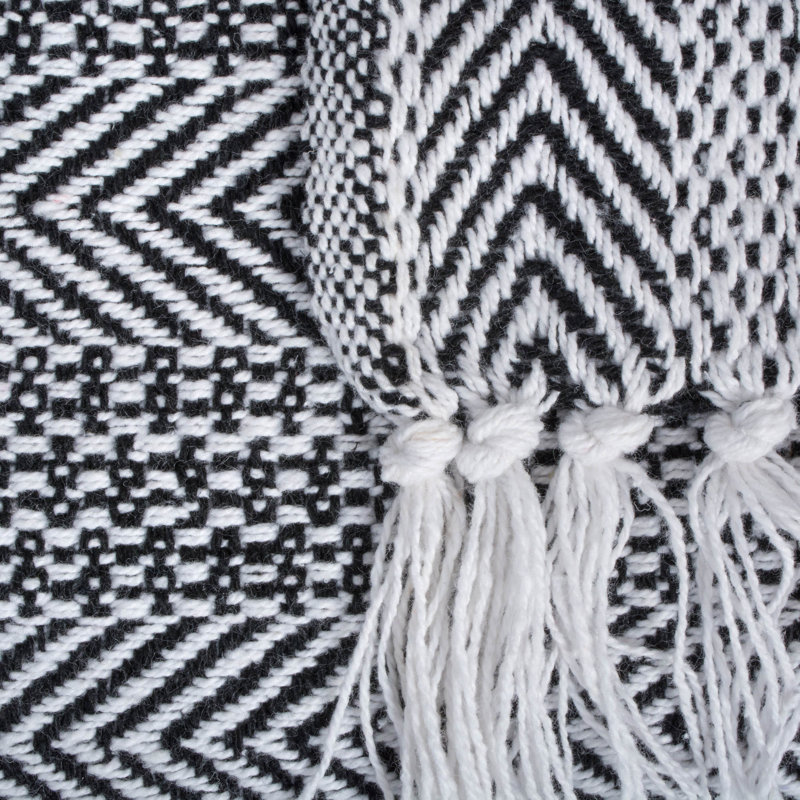 Chic Herringbone Stripe Cotton Throw with Sherpa Backing, 50"x60" - Black