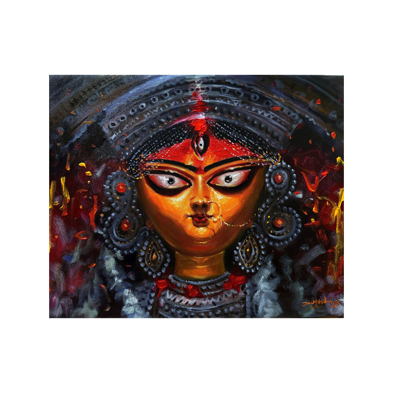 «Goddess Durga», peinture acrylique sur toile - Art mural spirituel vibrant de 16 po x 20 po par Jugal Sarkar