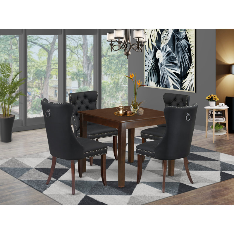 5 Piece Modern Dining Table Set Includes a Square Kitchen Table and 4 Upholstered Chairs, Mahogany, Brown, Mahogany