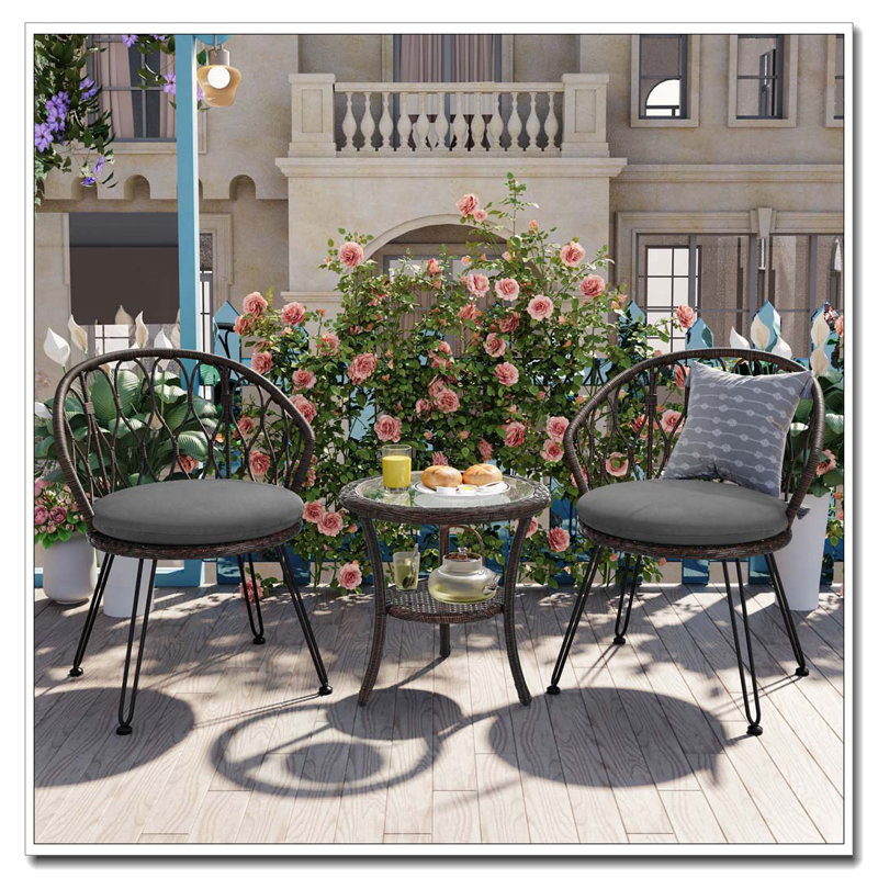 Ensemble de loisirs d'extérieur, 2 chaises simples en rotin avec table ronde en verre, Coussin gris / cadre brun