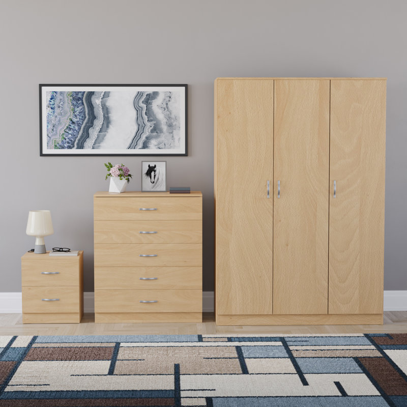 Maybery 3 Piece Bedroom Set (2 Drawer Bedside Chest, 5 Drawer Chest, 3 Door Wardrobe), (5), Pine
