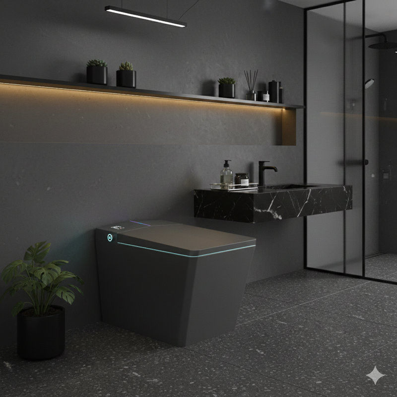 Square-shaped smart toilet with a concealed tank for bathroom use, includes remote control, tankless bidet functions with foot-touch lid opening, automatic flushing, heated seat, LED digital display, and user memory settings, in matte grey.