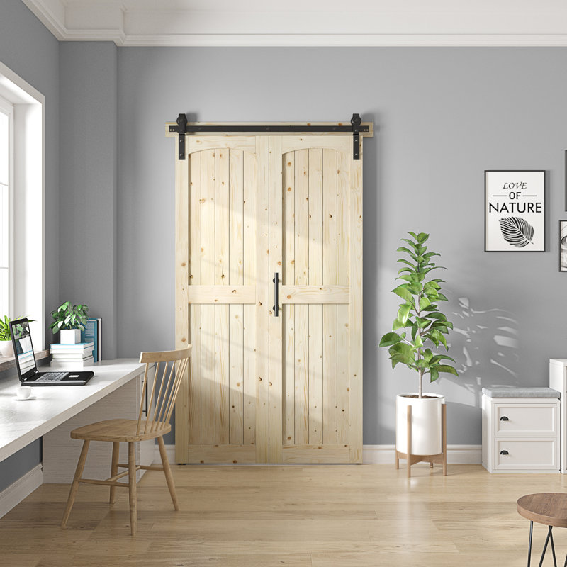 Portes de grange pliées en bois massif 84 po 84 po avec quincaillerie d'installation, 48 po x 84 po, Non fini