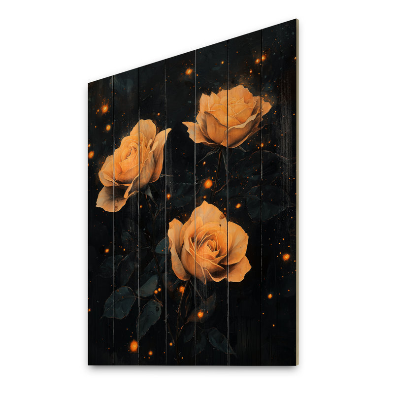 Midnight Vintage Rose Flowers Elegance III - décoration murale en bois de roses - sur bois de pin naturel