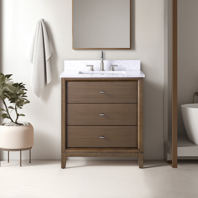 Meuble-lavabo simple 30 po avec plateau en marbre d'ingénierie, Noyer, Nickel brossé, Arabescato blanc