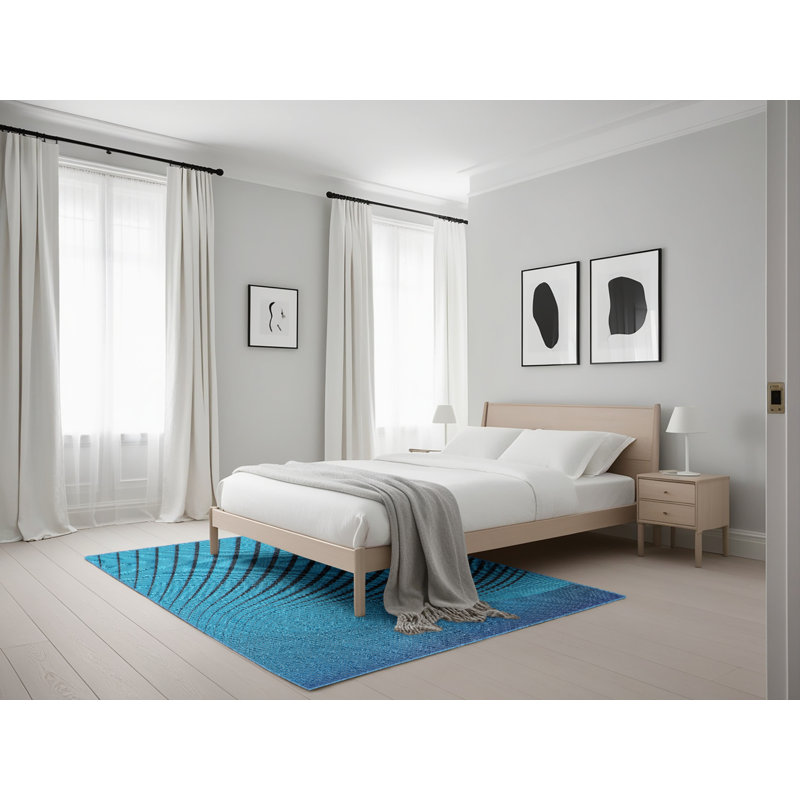 Laine tissée à la machine abstraite et Tapis décoratif polyester bleu, Rectangle de 5 pi x 7 pi