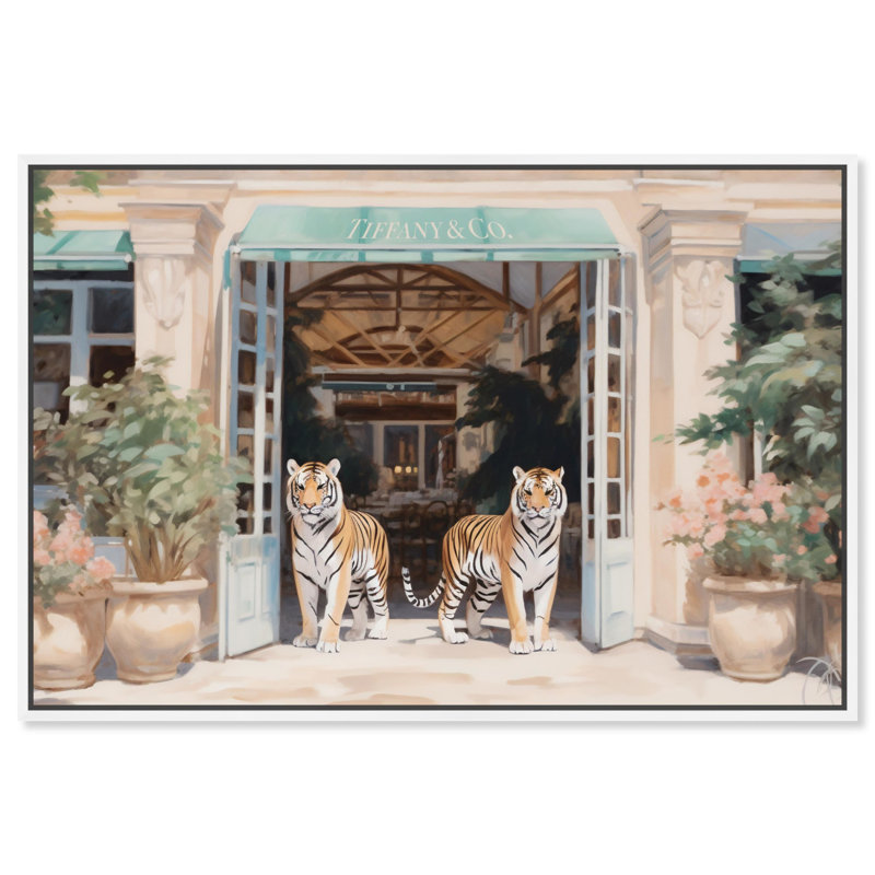 «Tiger Plaza», toile colorée, art mural par Art Remedy, H 31 po x l 46 po, Cadre blanc