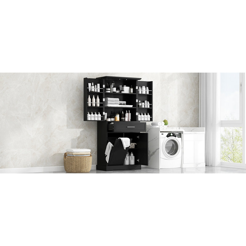 Armoire de rangement pour salle de bain avec panier à linge inclinable, tablette réglable, compartiments multiples, conception autoportante, rangement pour porte et tiroir pour salle de bain ou salle de lavage