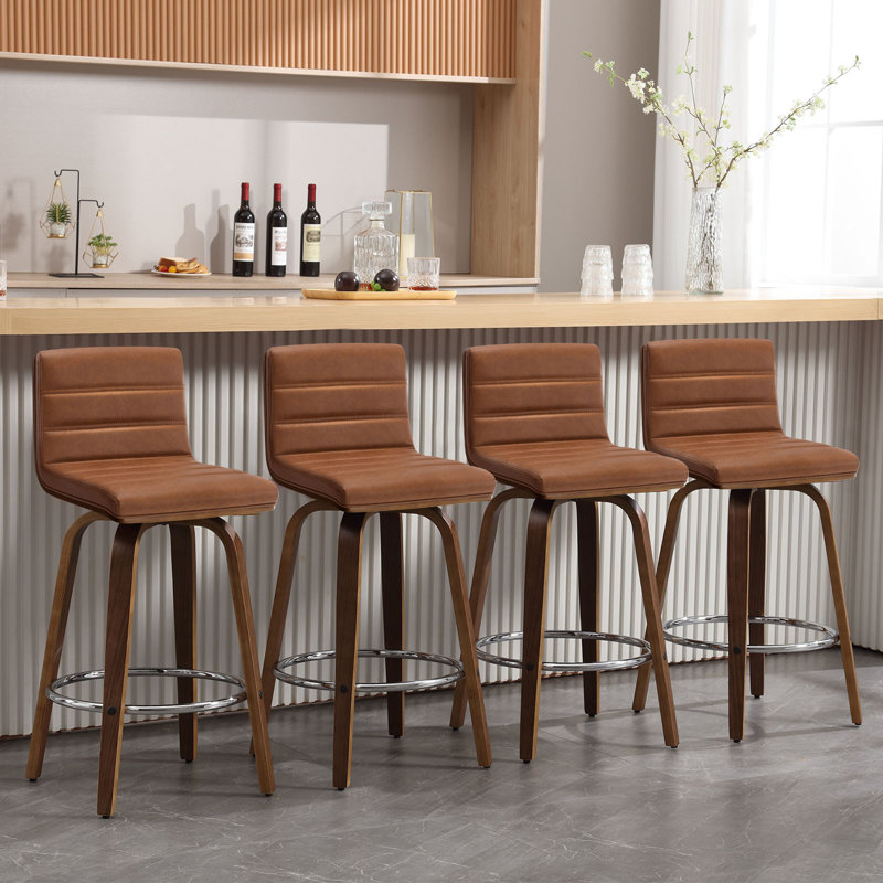 Swivel Upholstered Counter & Bar Stool With Solid Wood Frame and L-Shaped PU Leather Back, Counter Stool (26" Seat Height)