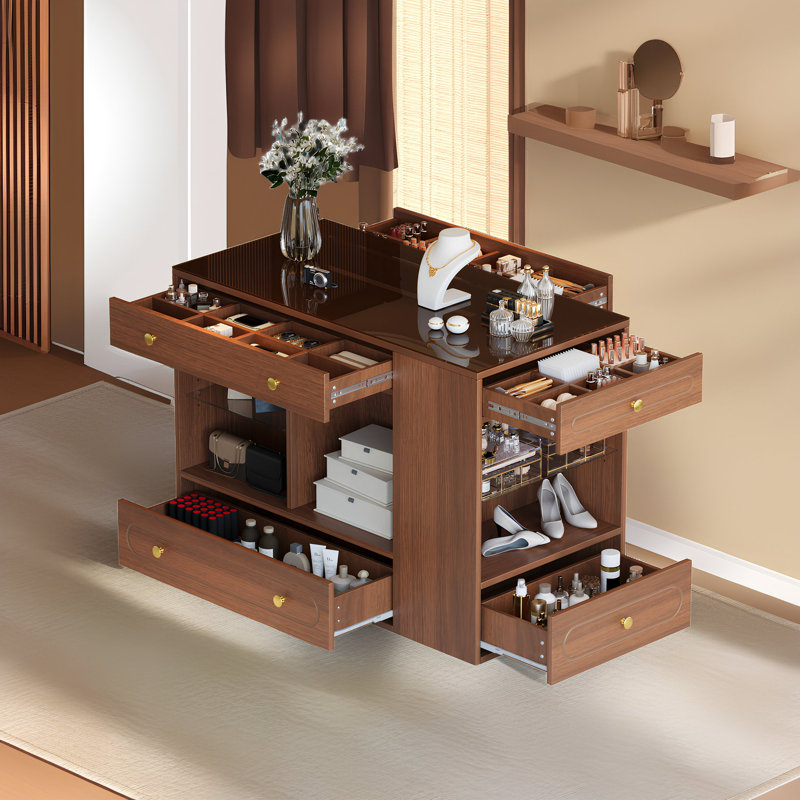 6-Drawer Armoire Makeup Vanities with Open Shelf and Tempered Glass Display Top, Walnut